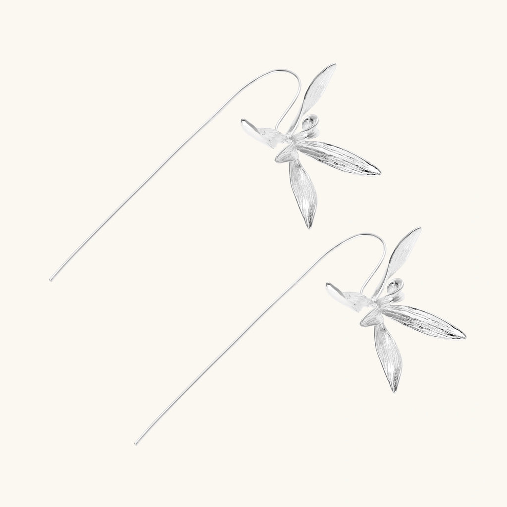 Delicate sterling silver dragonfly earrings with textured wings and curved threader hooks on white background